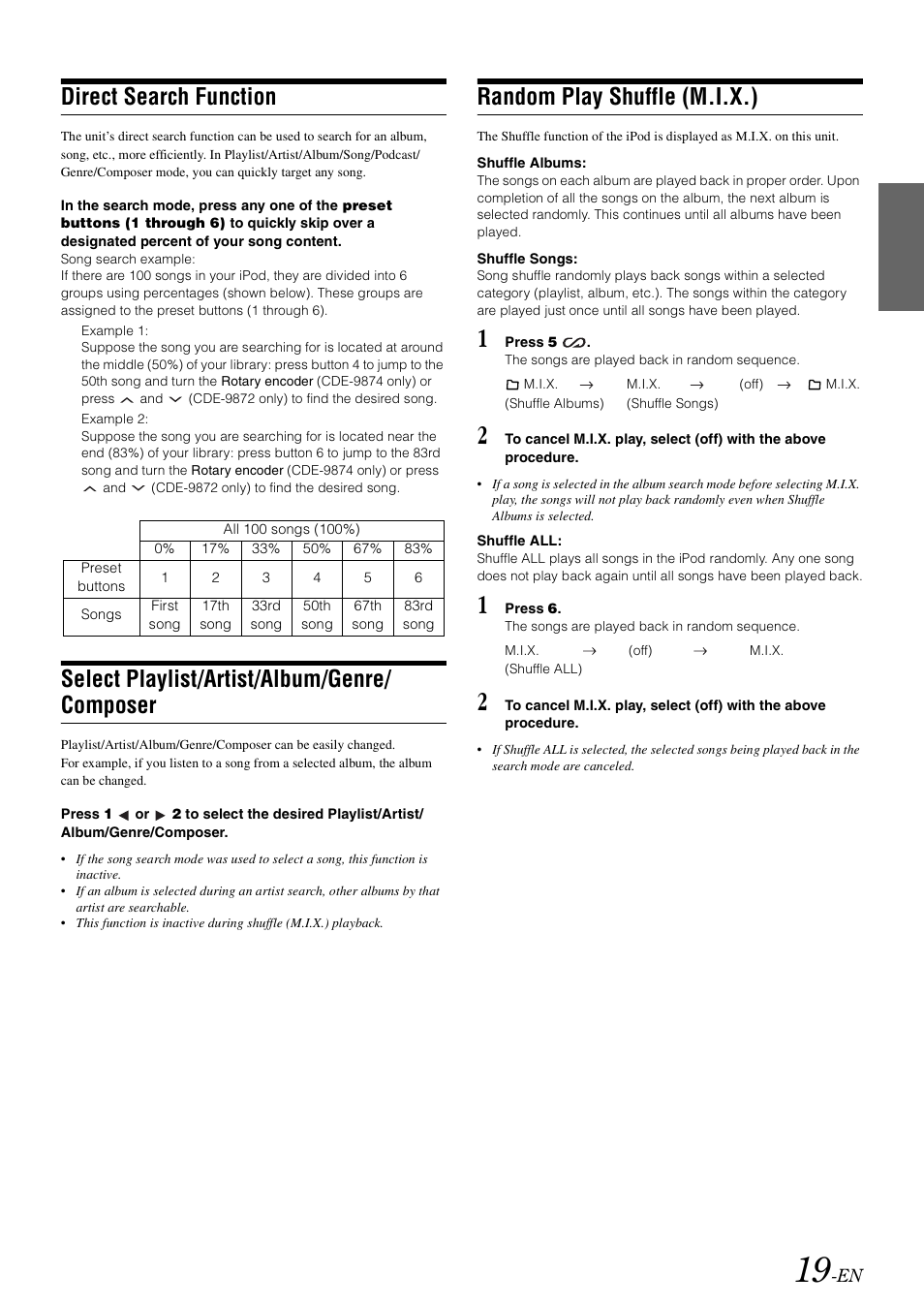 Direct search function, Select playlist/artist/album/genre/composer, Random play shuffle (m.i.x.) | Select playlist/artist/album/genre, Composer, Select playlist/artist/album/genre/ composer | Alpine CDE-9872 User Manual | Page 21 / 89