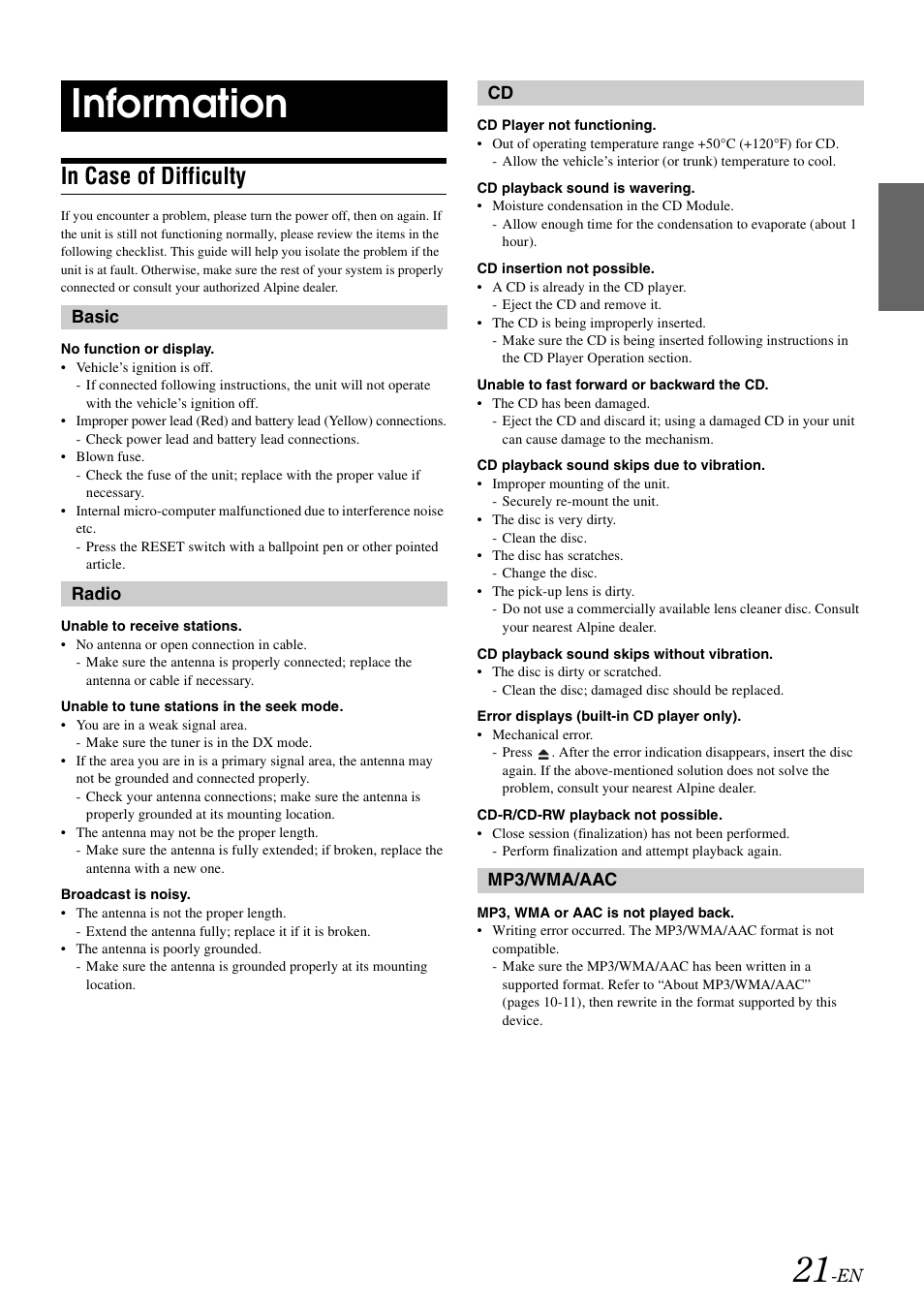 Information, In case of difficulty | Alpine CDE-9872 User Manual | Page 23 / 89