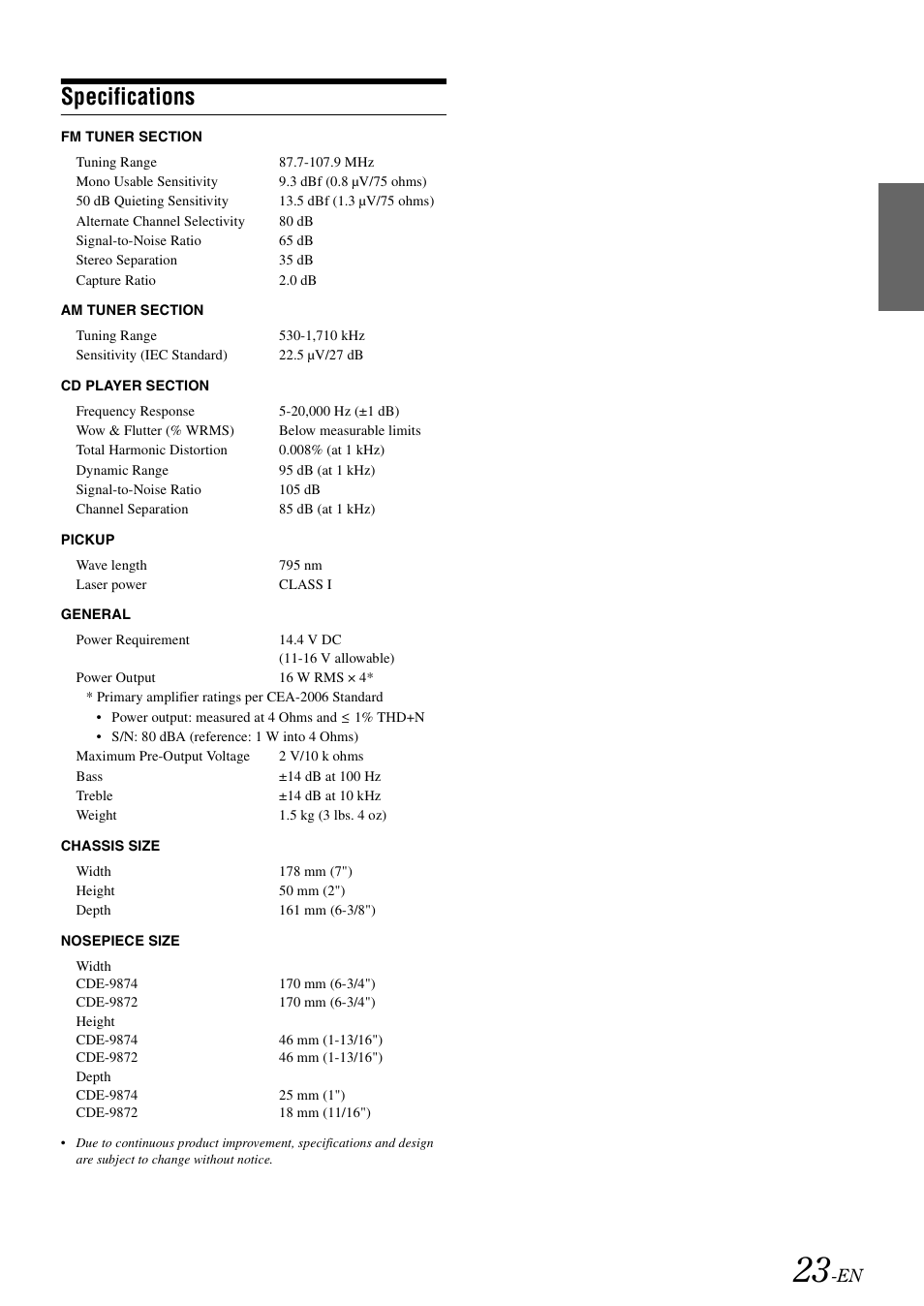 Specifications | Alpine CDE-9872 User Manual | Page 25 / 89