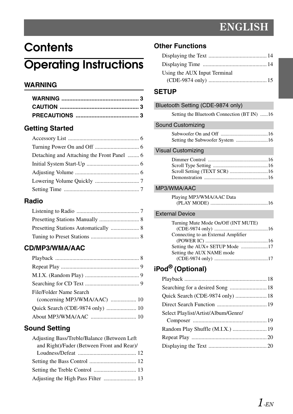 Contents operating instructions, English | Alpine CDE-9872 User Manual | Page 3 / 89