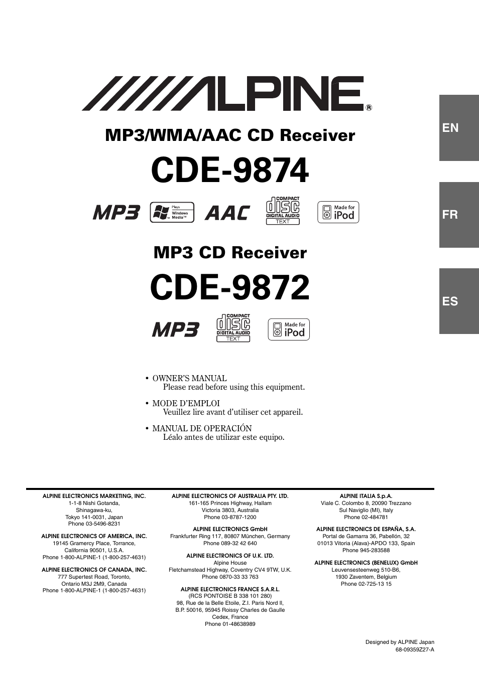 Cde-9874, Cde-9872, Mp3/wma/aac cd receiver | Mp3 cd receiver, En fr es | Alpine CDE-9872 User Manual | Page 31 / 89