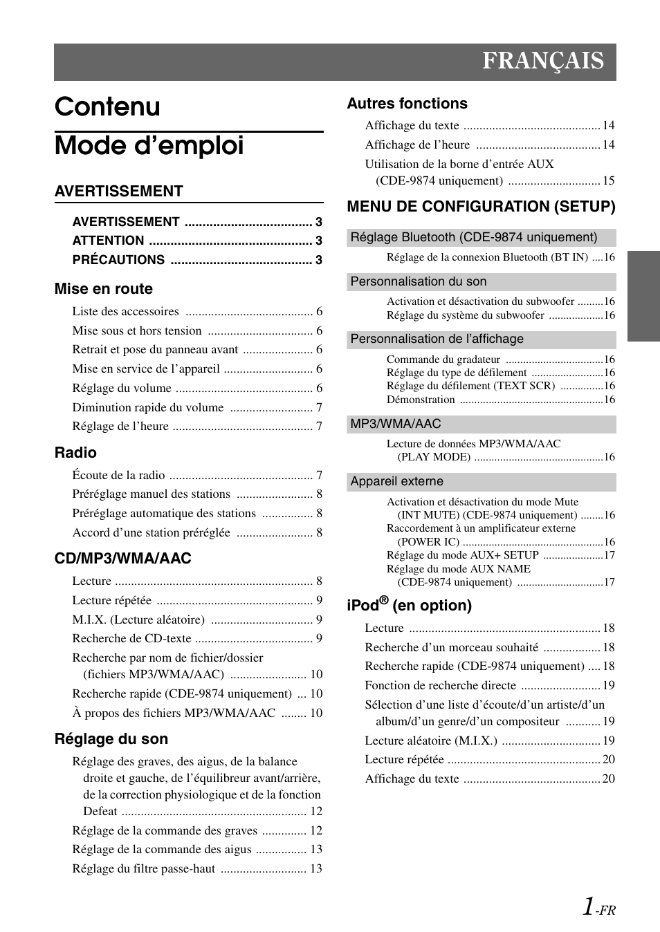 Contenu mode d’emploi, Français | Alpine CDE-9872 User Manual | Page 33 / 89