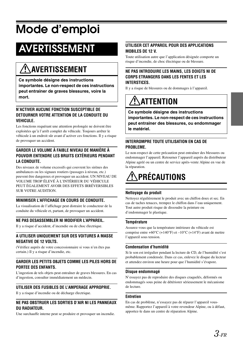 Mode d’emploi, Avertissement, Attention | Précautions | Alpine CDE-9872 User Manual | Page 35 / 89