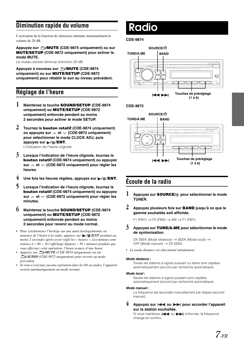 Diminution rapide du volume, Réglage de l’heure, Radio | Écoute de la radio | Alpine CDE-9872 User Manual | Page 39 / 89