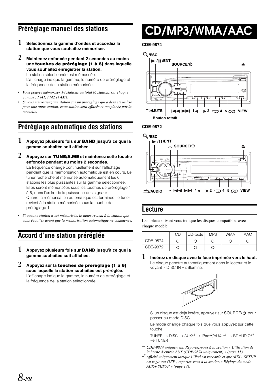 Préréglage manuel des stations, Préréglage automatique des stations, Accord d’une station préréglée | Cd/mp3/wma/aac, Lecture | Alpine CDE-9872 User Manual | Page 40 / 89