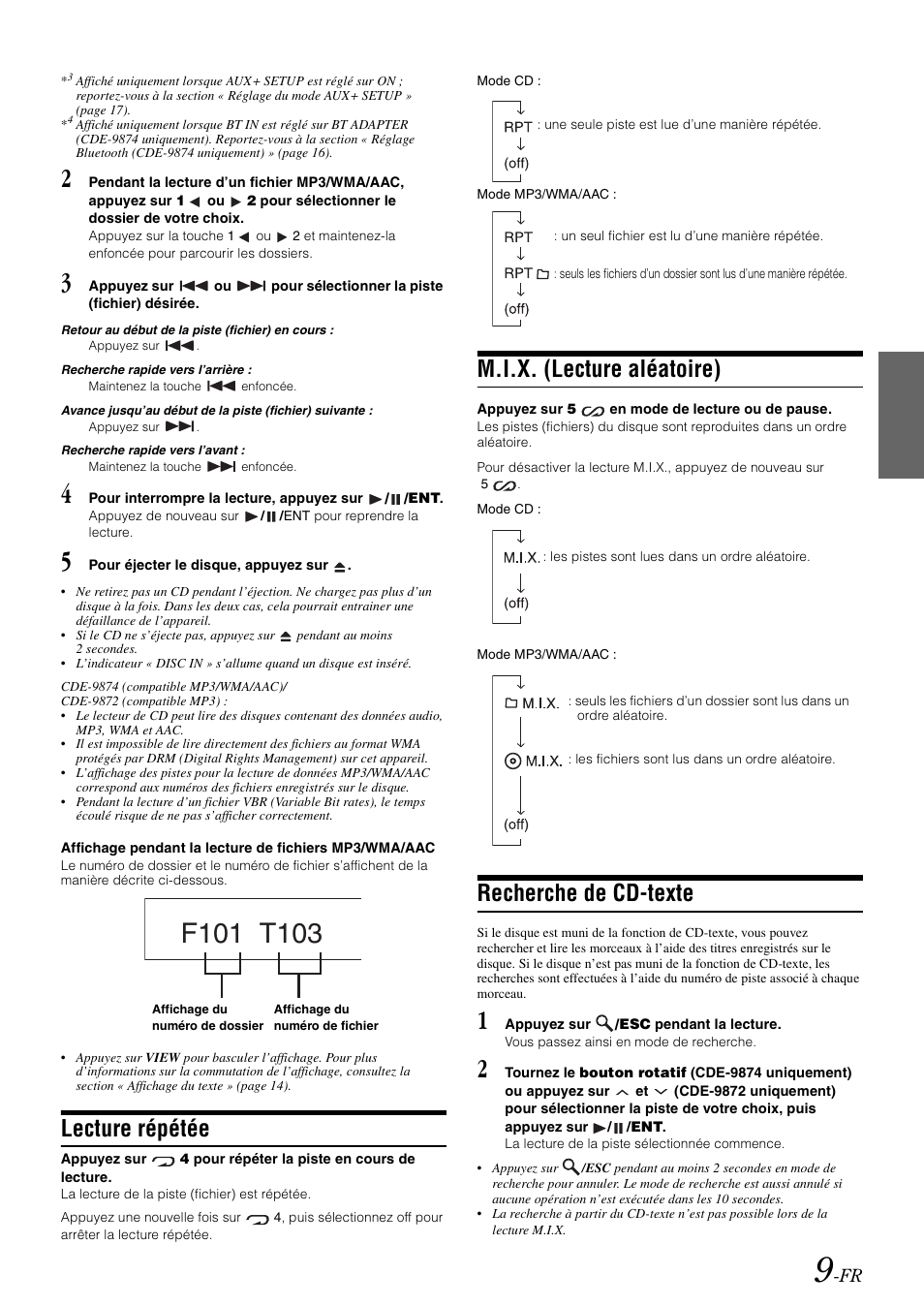 Lecture répétée, M.i.x. (lecture aléatoire), Recherche de cd-texte | Alpine CDE-9872 User Manual | Page 41 / 89