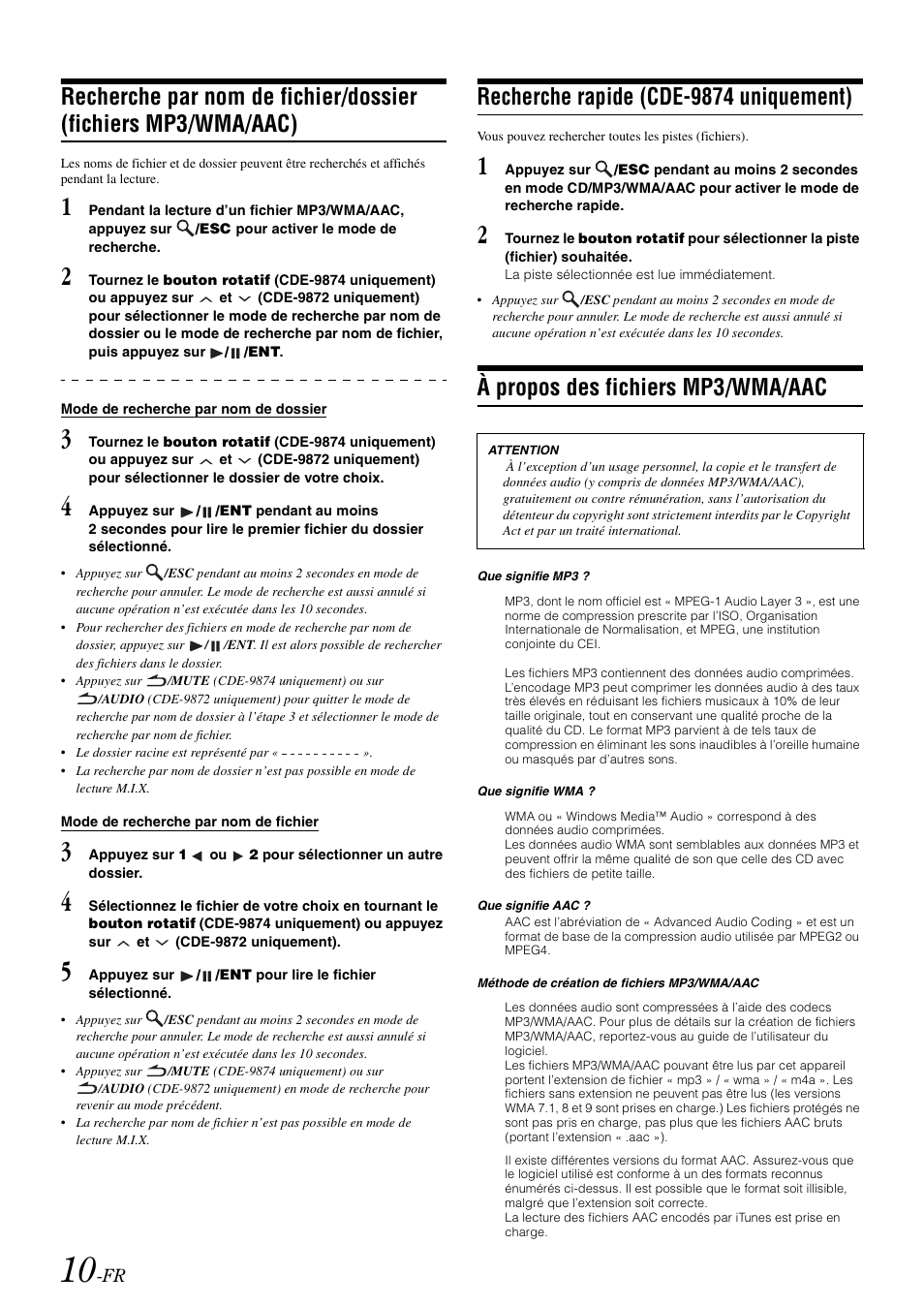 Recherche rapide (cde-9874 uniquement), À propos des fichiers mp3/wma/aac, Recherche par nom de fichier/dossier | Fichiers mp3/wma/aac) | Alpine CDE-9872 User Manual | Page 42 / 89