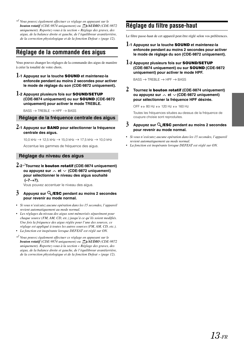 Réglage de la commande des aigus, Réglage du filtre passe-haut | Alpine CDE-9872 User Manual | Page 45 / 89