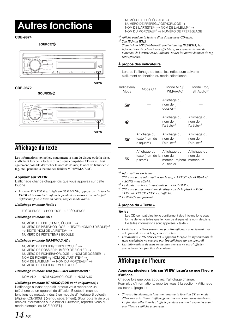 Autres fonctions, Affichage du texte, Affichage de l’heure | Alpine CDE-9872 User Manual | Page 46 / 89