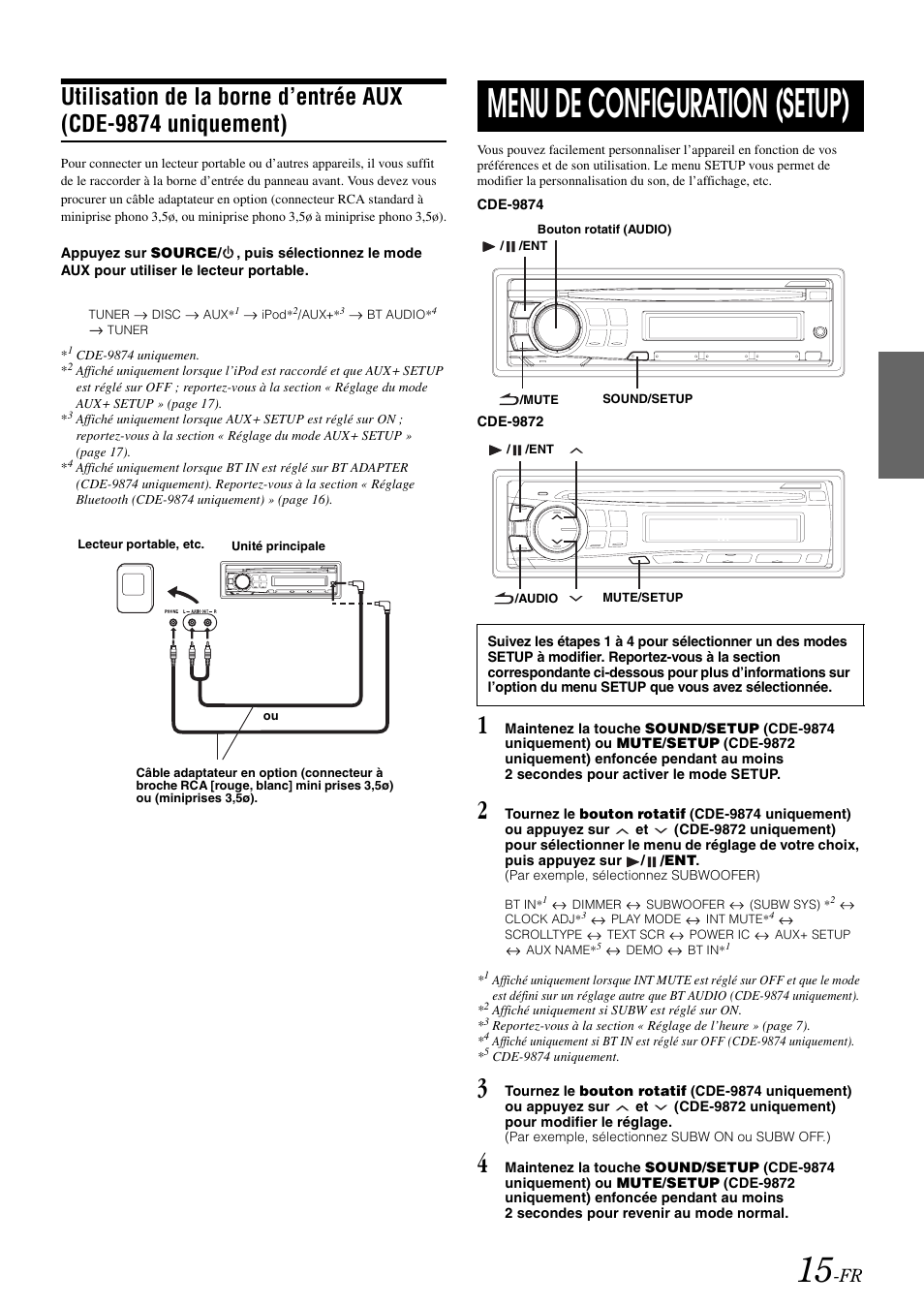 Menu de configuration (setup), Utilisation de la borne d’entrée aux, Cde-9874 uniquement) | Alpine CDE-9872 User Manual | Page 47 / 89