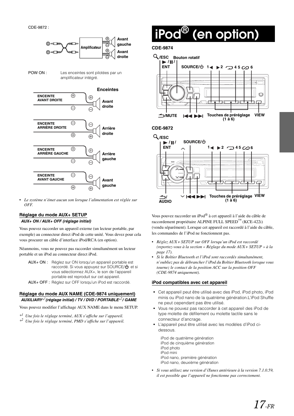 Réglage du mode aux+ setup, Réglage du mode aux name (cde-9874 uniquement), Ipod® (en option) | Cde-9874 uniquement), Ipod, En option) | Alpine CDE-9872 User Manual | Page 49 / 89