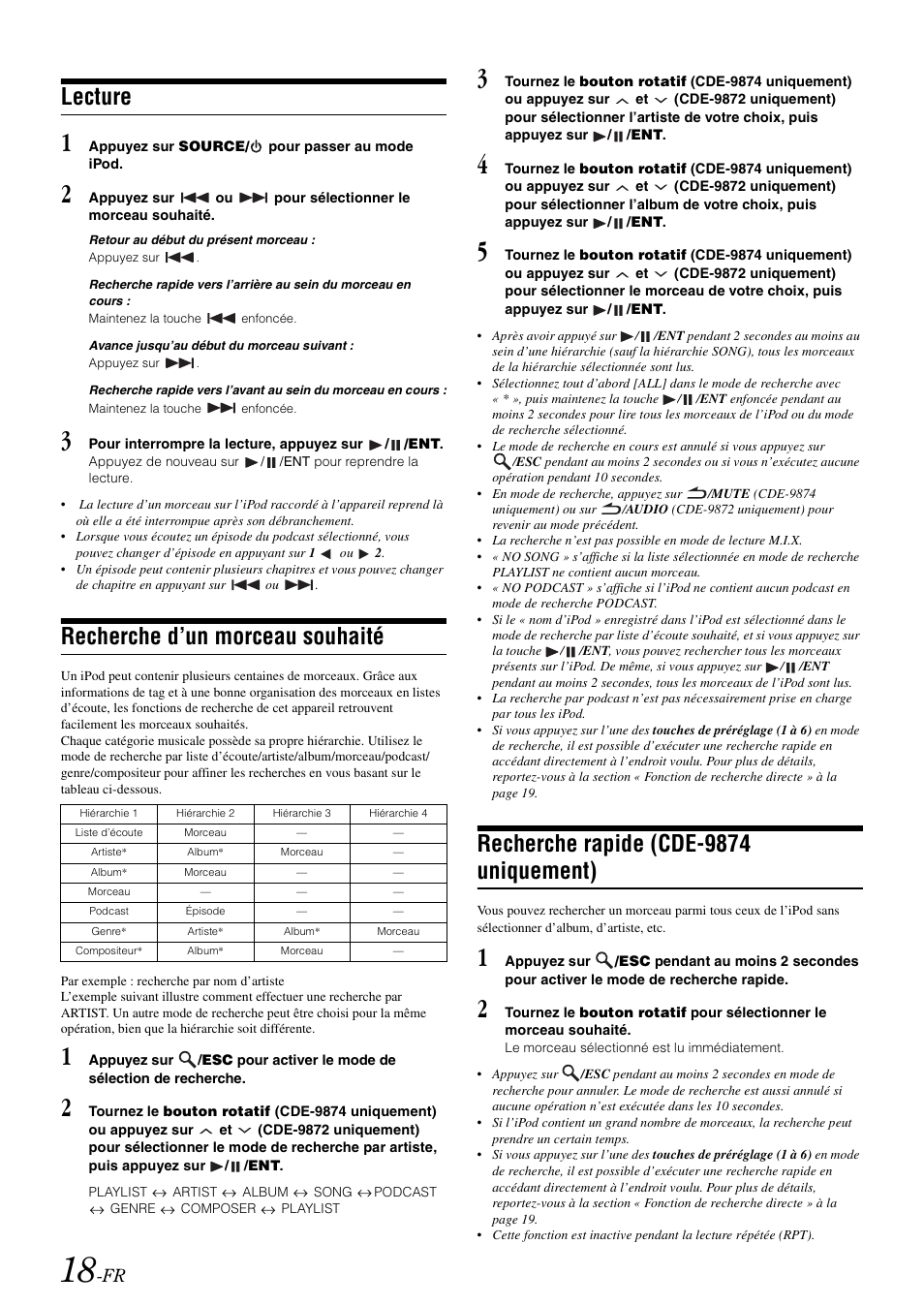 Lecture, Recherche d’un morceau souhaité, Recherche rapide (cde-9874 uniquement) | Alpine CDE-9872 User Manual | Page 50 / 89