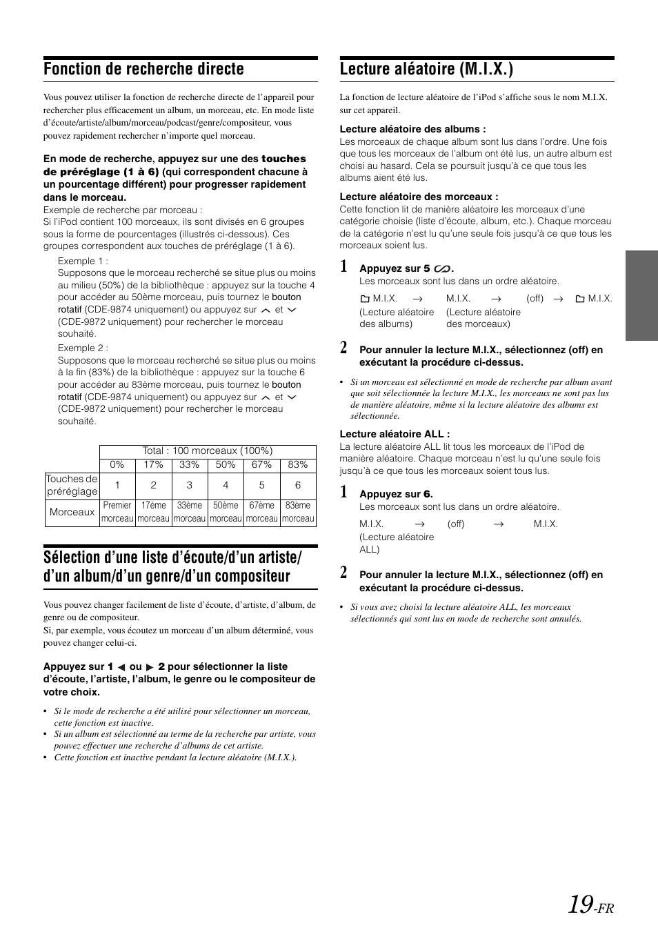 Fonction de recherche directe, Lecture aléatoire (m.i.x.), Sélection d’une liste d’écoute/d’un artiste/d’un | Album/d’un genre/d’un compositeur | Alpine CDE-9872 User Manual | Page 51 / 89