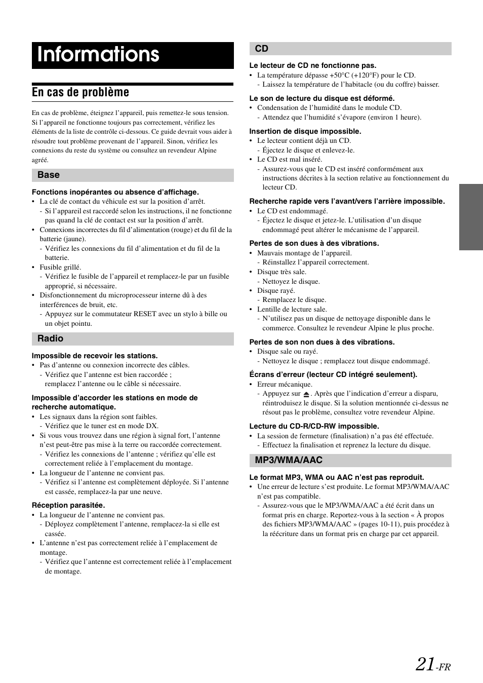 Informations, En cas de problème | Alpine CDE-9872 User Manual | Page 53 / 89