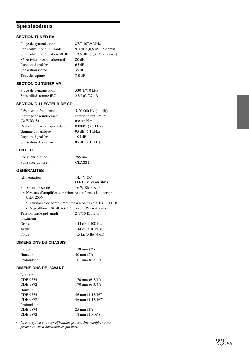 Spécifications | Alpine CDE-9872 User Manual | Page 55 / 89