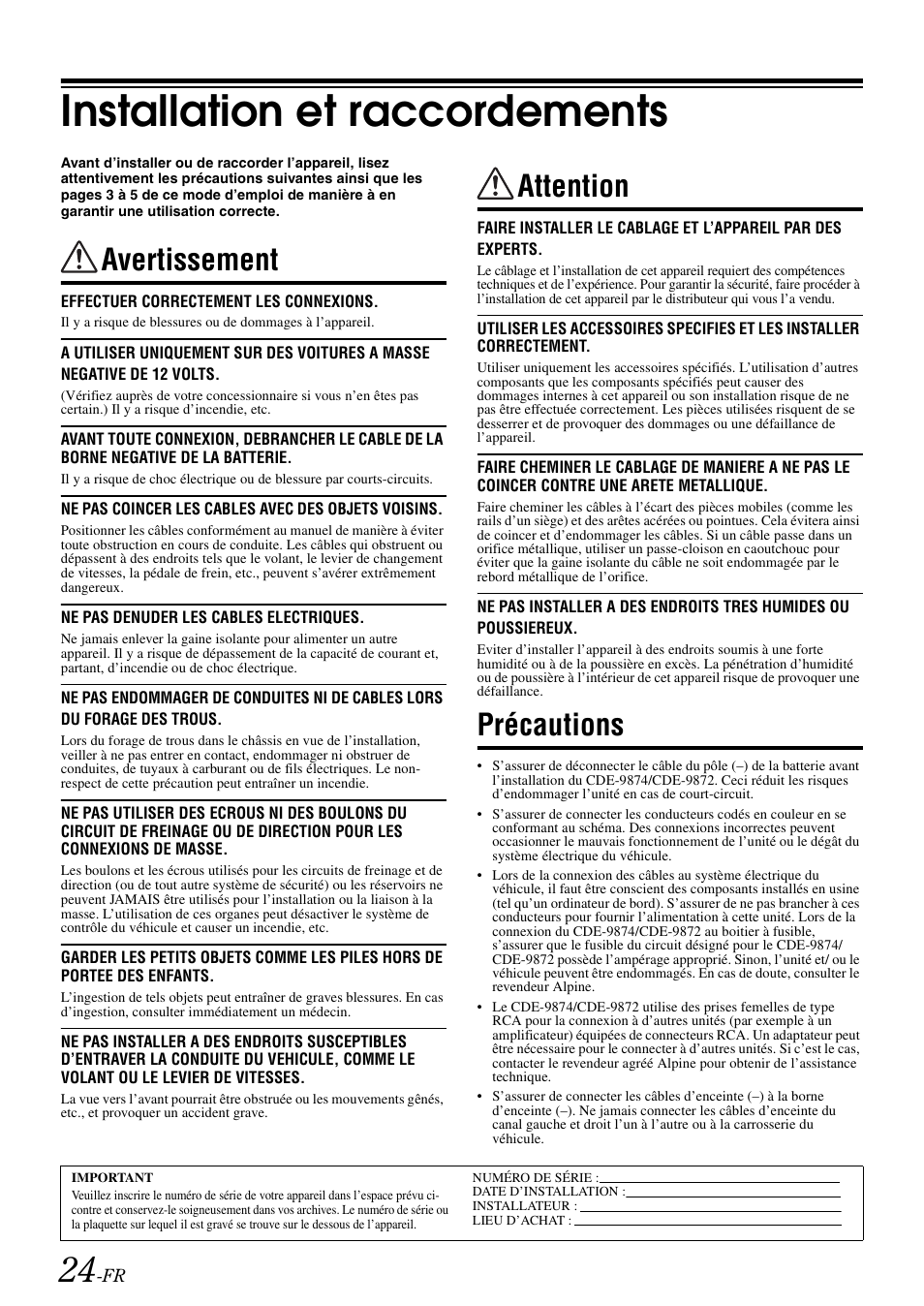 Installation et raccordements, Avertissement, Attention | Précautions | Alpine CDE-9872 User Manual | Page 56 / 89