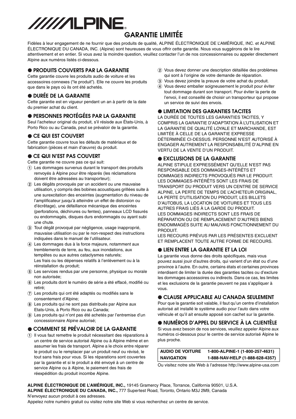 Garantie limitée | Alpine CDE-9872 User Manual | Page 60 / 89