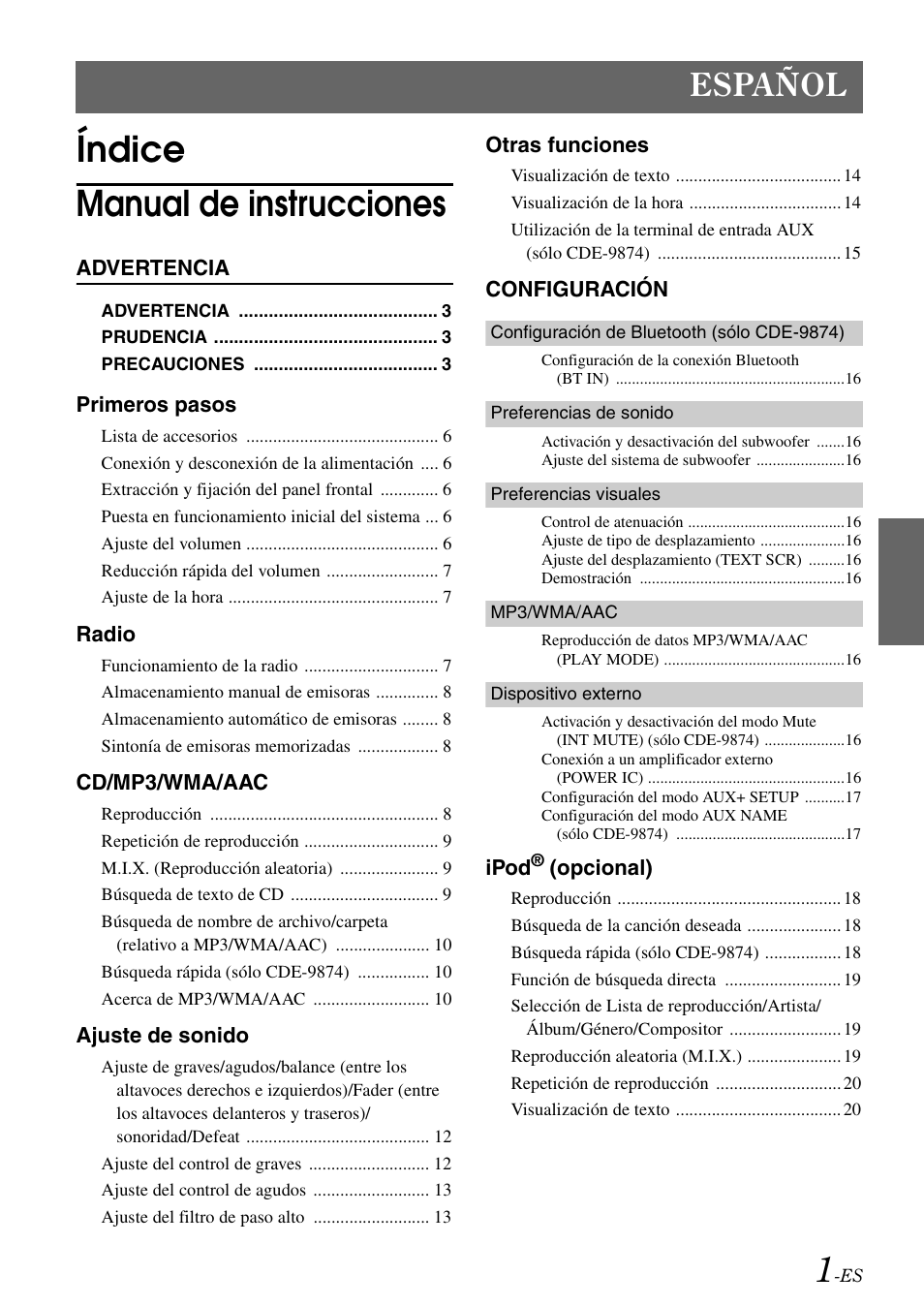 Índice manual de instrucciones, Español | Alpine CDE-9872 User Manual | Page 63 / 89