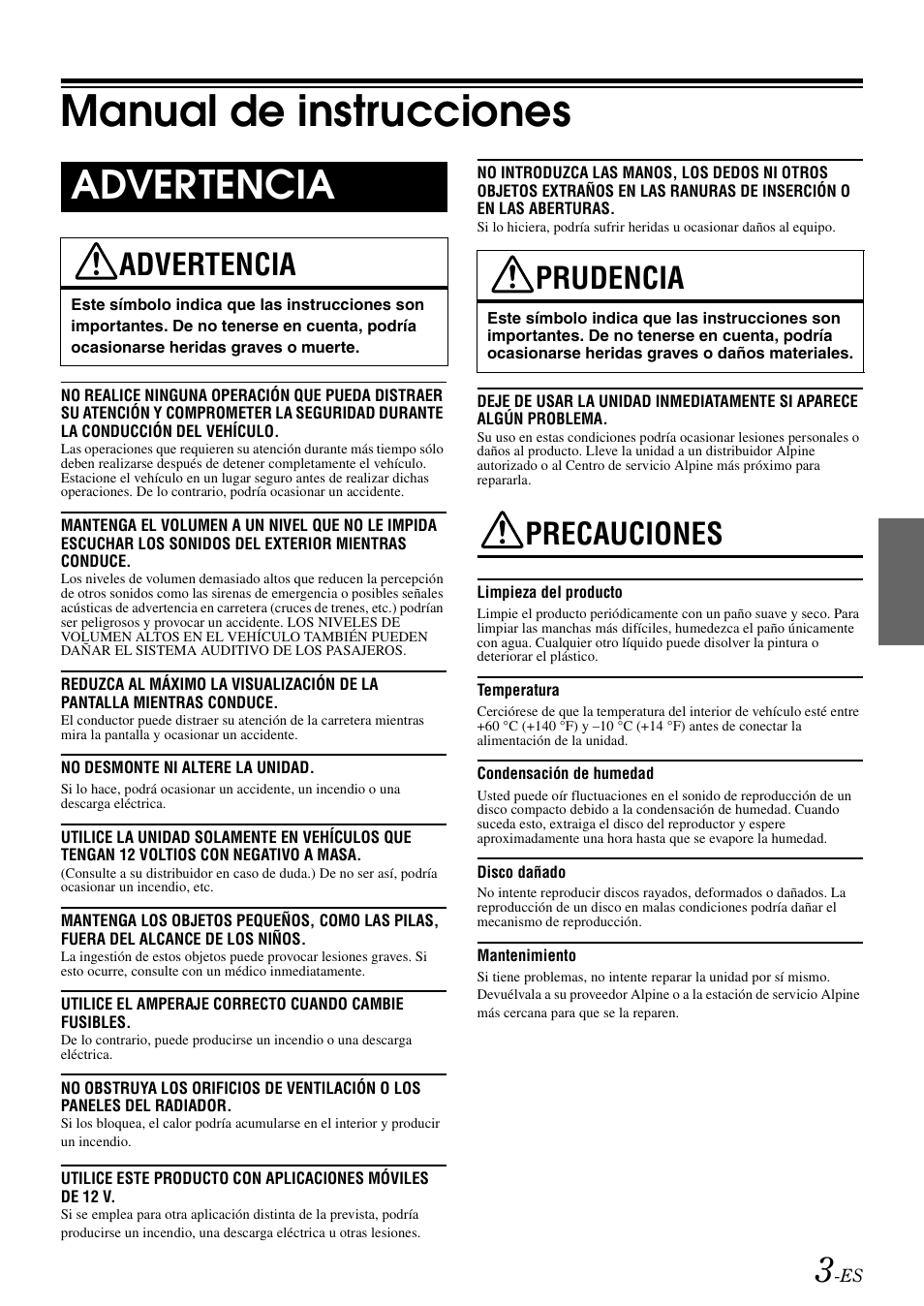 Manual de instrucciones, Advertencia, Prudencia | Precauciones | Alpine CDE-9872 User Manual | Page 65 / 89