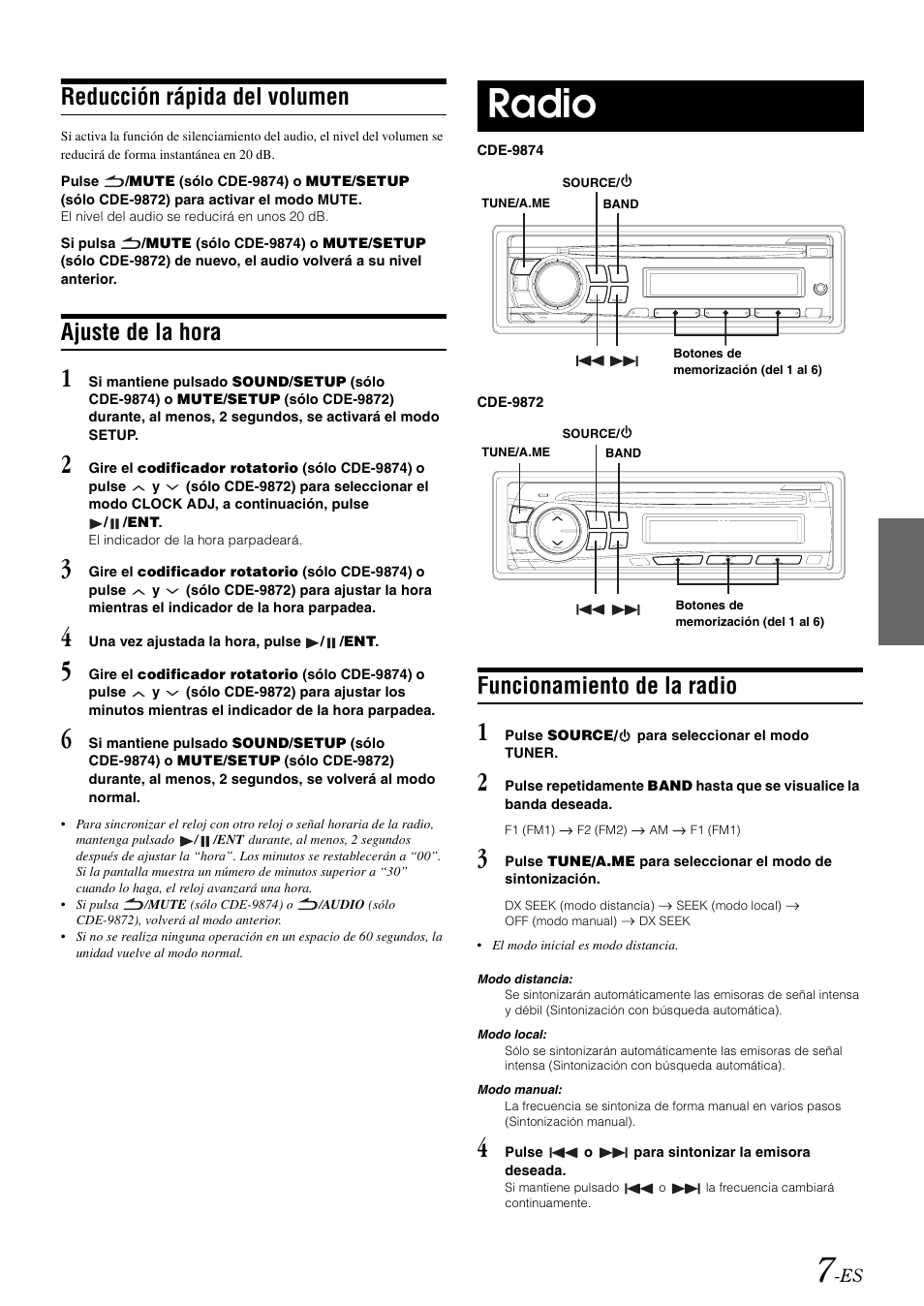 Reducción rápida del volumen, Ajuste de la hora, Radio | Funcionamiento de la radio | Alpine CDE-9872 User Manual | Page 69 / 89