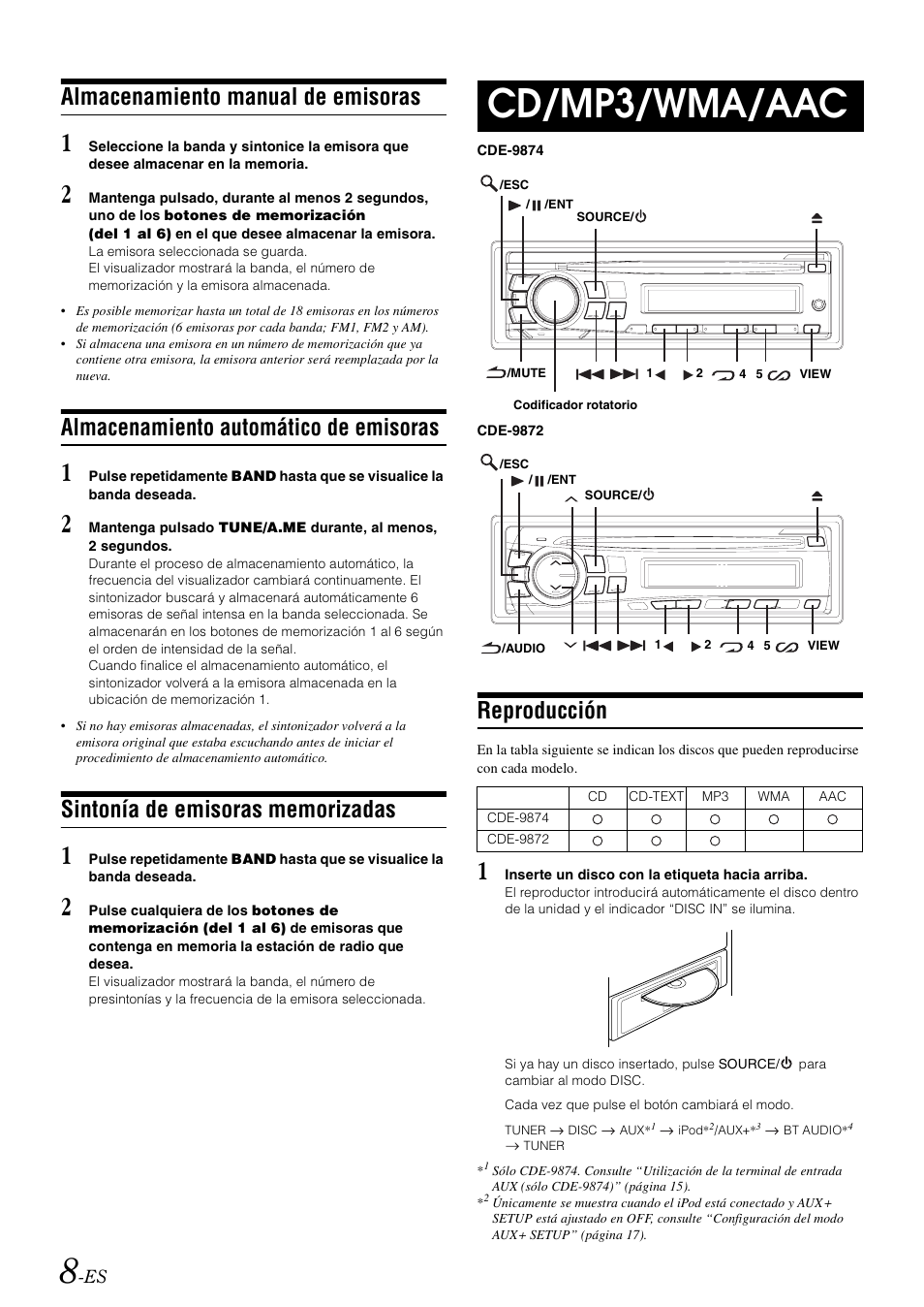 Almacenamiento manual de emisoras, Almacenamiento automático de emisoras, Sintonía de emisoras memorizadas | Cd/mp3/wma/aac, Reproducción | Alpine CDE-9872 User Manual | Page 70 / 89