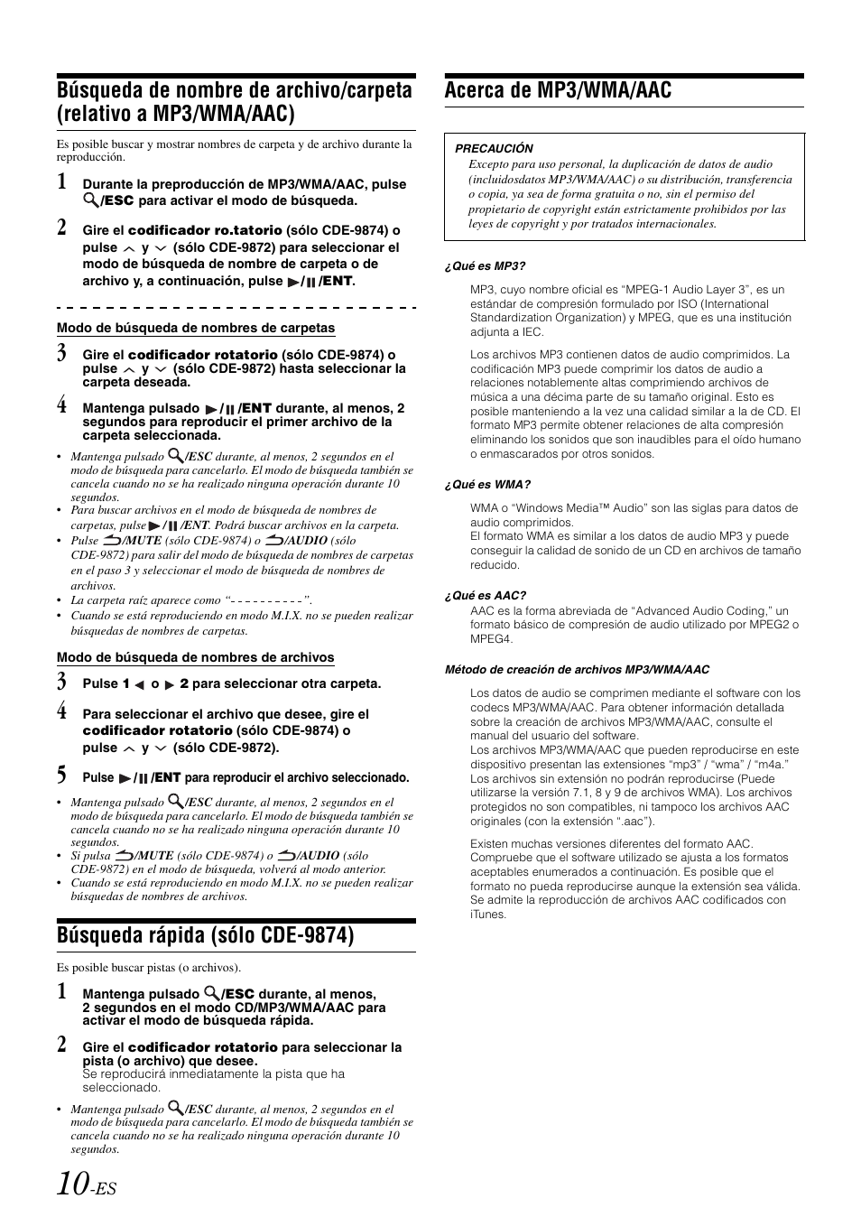 Búsqueda rápida (sólo cde-9874), Acerca de mp3/wma/aac, Búsqueda de nombre de archivo/carpeta | Relativo a mp3/wma/aac) | Alpine CDE-9872 User Manual | Page 72 / 89