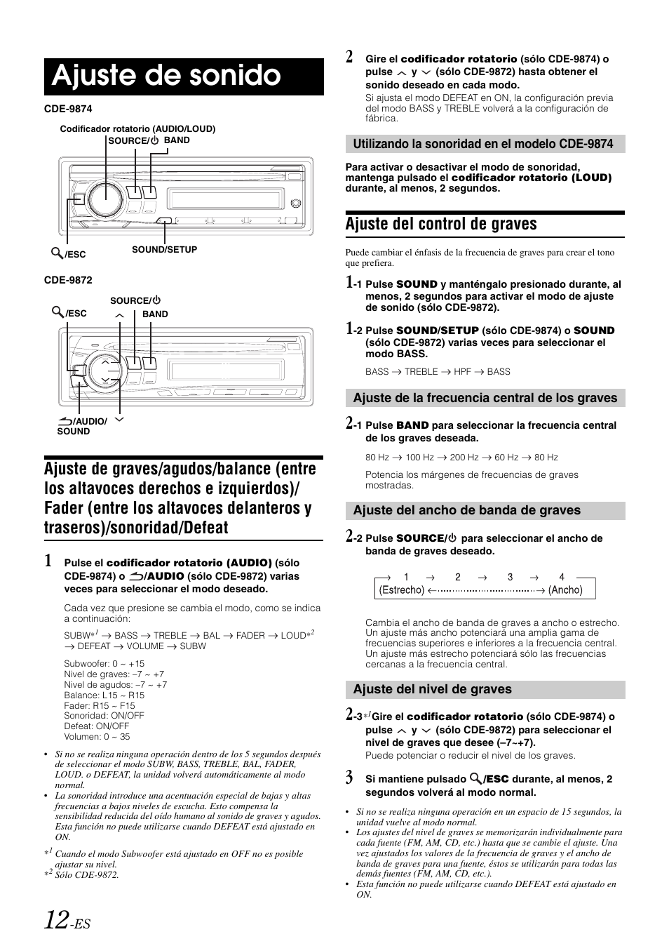 Ajuste de sonido, Ajuste del control de graves, Ajuste de graves/agudos/balance (entre los | Sonoridad/defeat | Alpine CDE-9872 User Manual | Page 74 / 89