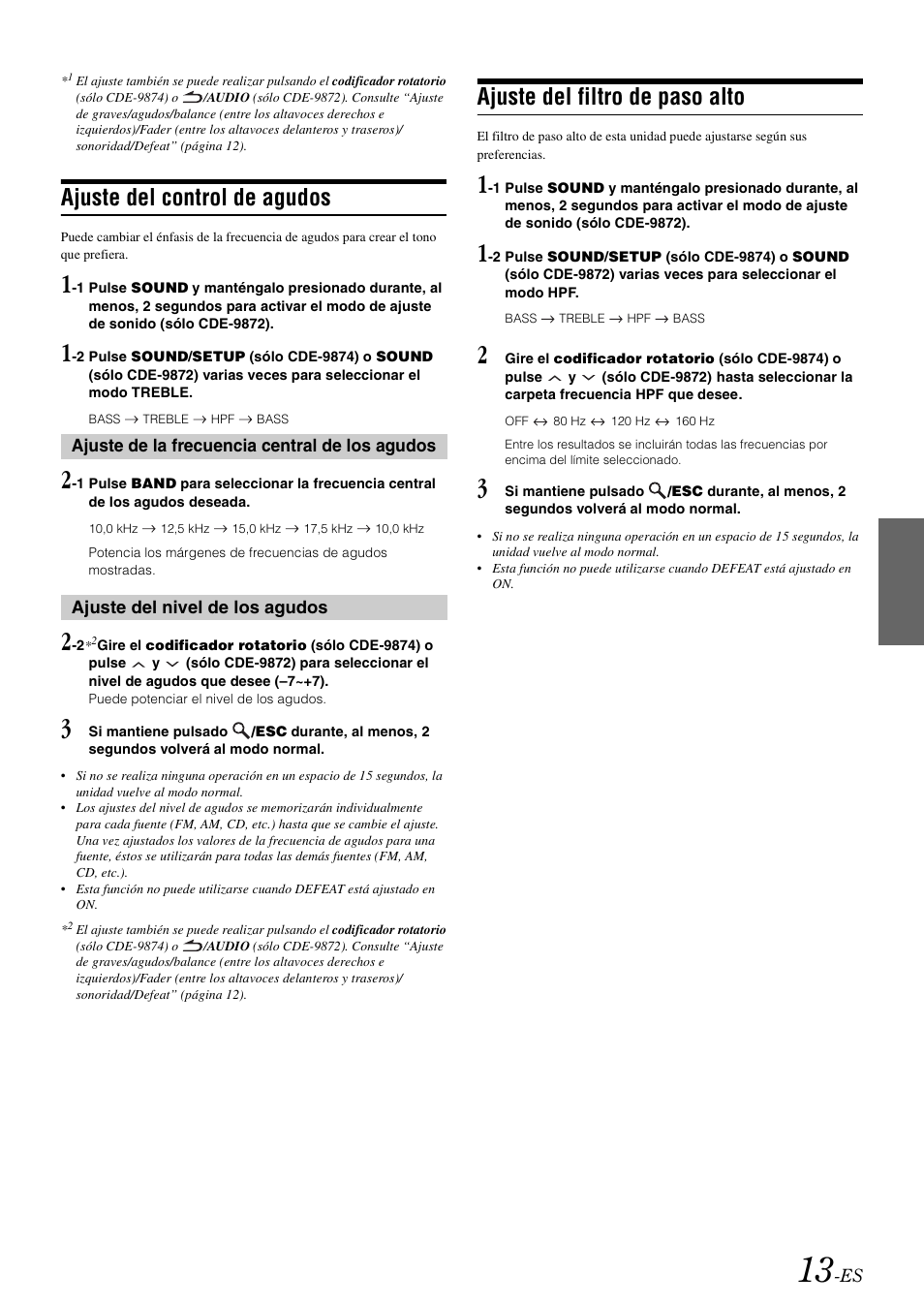 Ajuste del control de agudos, Ajuste del filtro de paso alto | Alpine CDE-9872 User Manual | Page 75 / 89