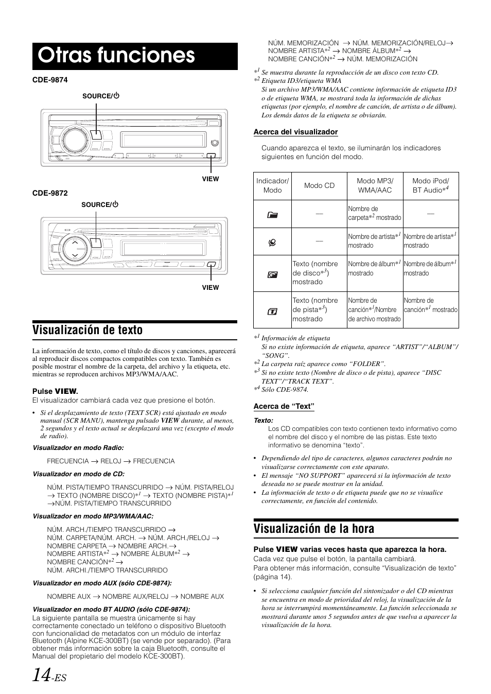 Otras funciones, Visualización de texto, Visualización de la hora | Alpine CDE-9872 User Manual | Page 76 / 89