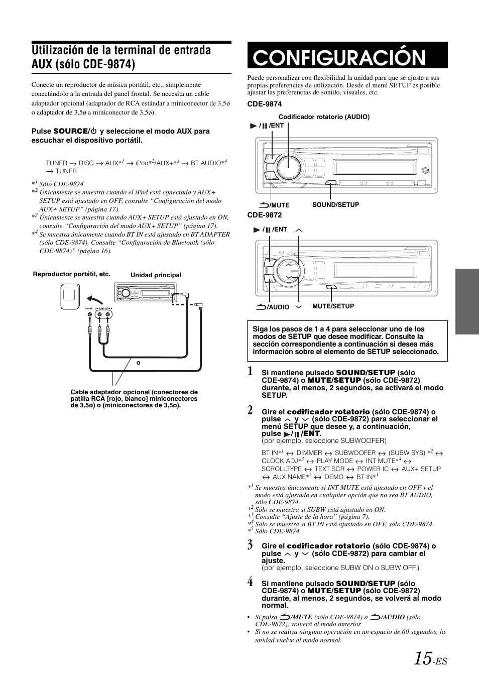 Configuración, Utilización de la terminal de entrada aux, Sólo cde-9874) | Alpine CDE-9872 User Manual | Page 77 / 89