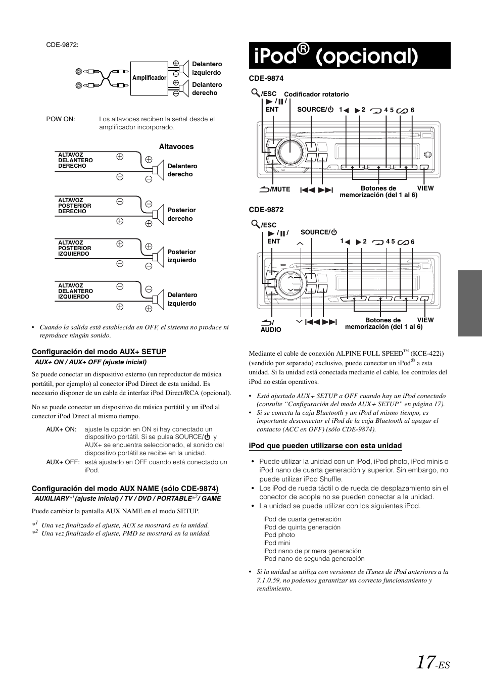 Configuración del modo aux+ setup, Configuración del modo aux name (sólo cde-9874), Ipod® (opcional) | Sólo cde-9874), Ipod, Opcional) | Alpine CDE-9872 User Manual | Page 79 / 89