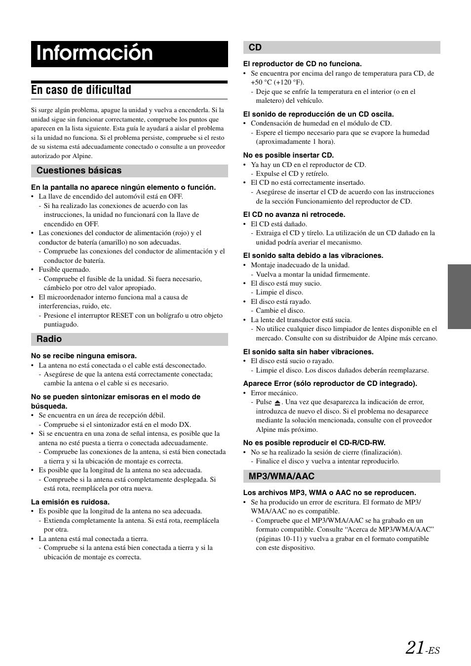 Información, En caso de dificultad | Alpine CDE-9872 User Manual | Page 83 / 89