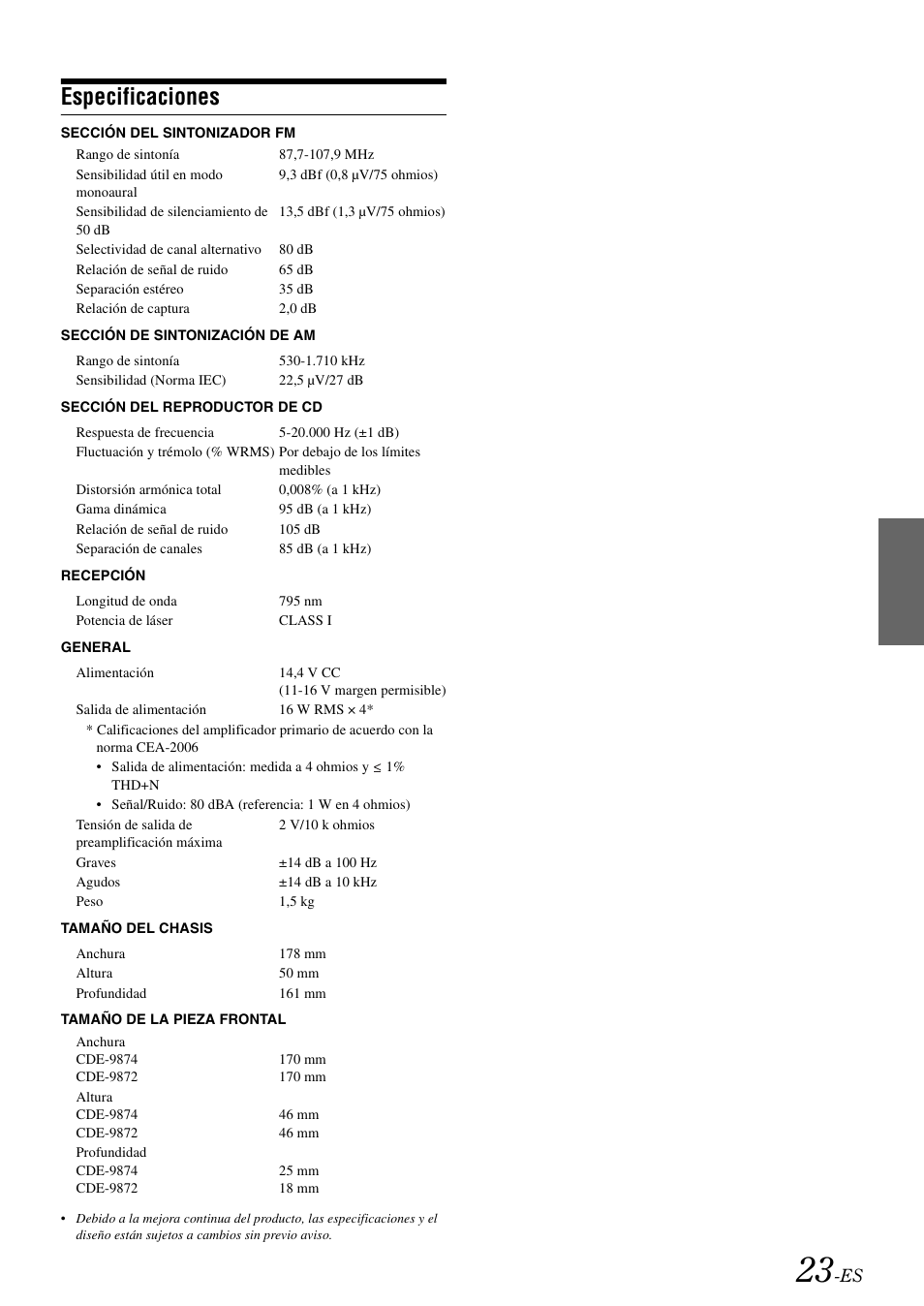 Especificaciones | Alpine CDE-9872 User Manual | Page 85 / 89