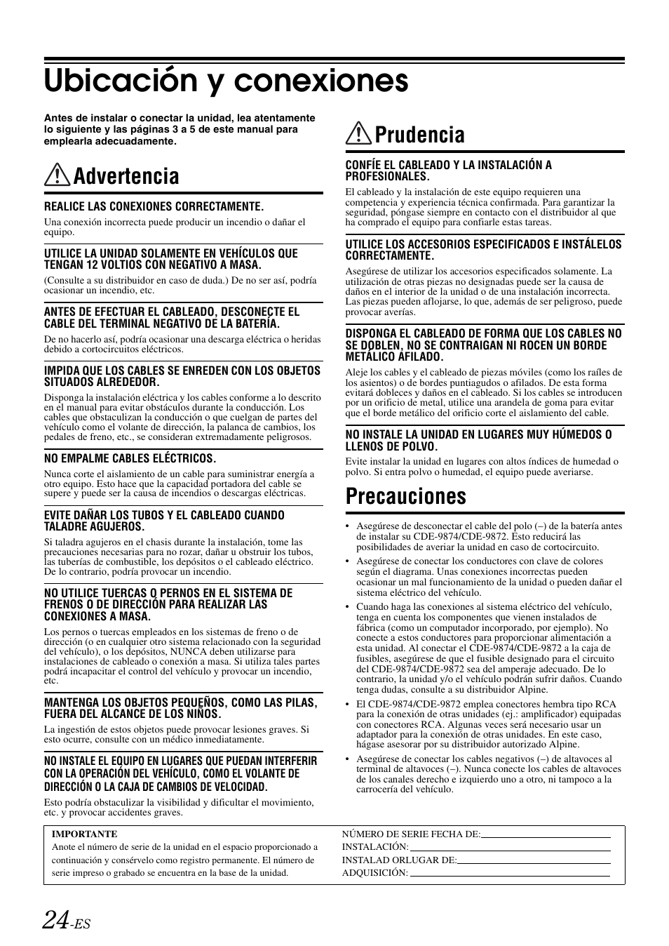 Ubicación y conexiones, Advertencia, Prudencia | Precauciones | Alpine CDE-9872 User Manual | Page 86 / 89