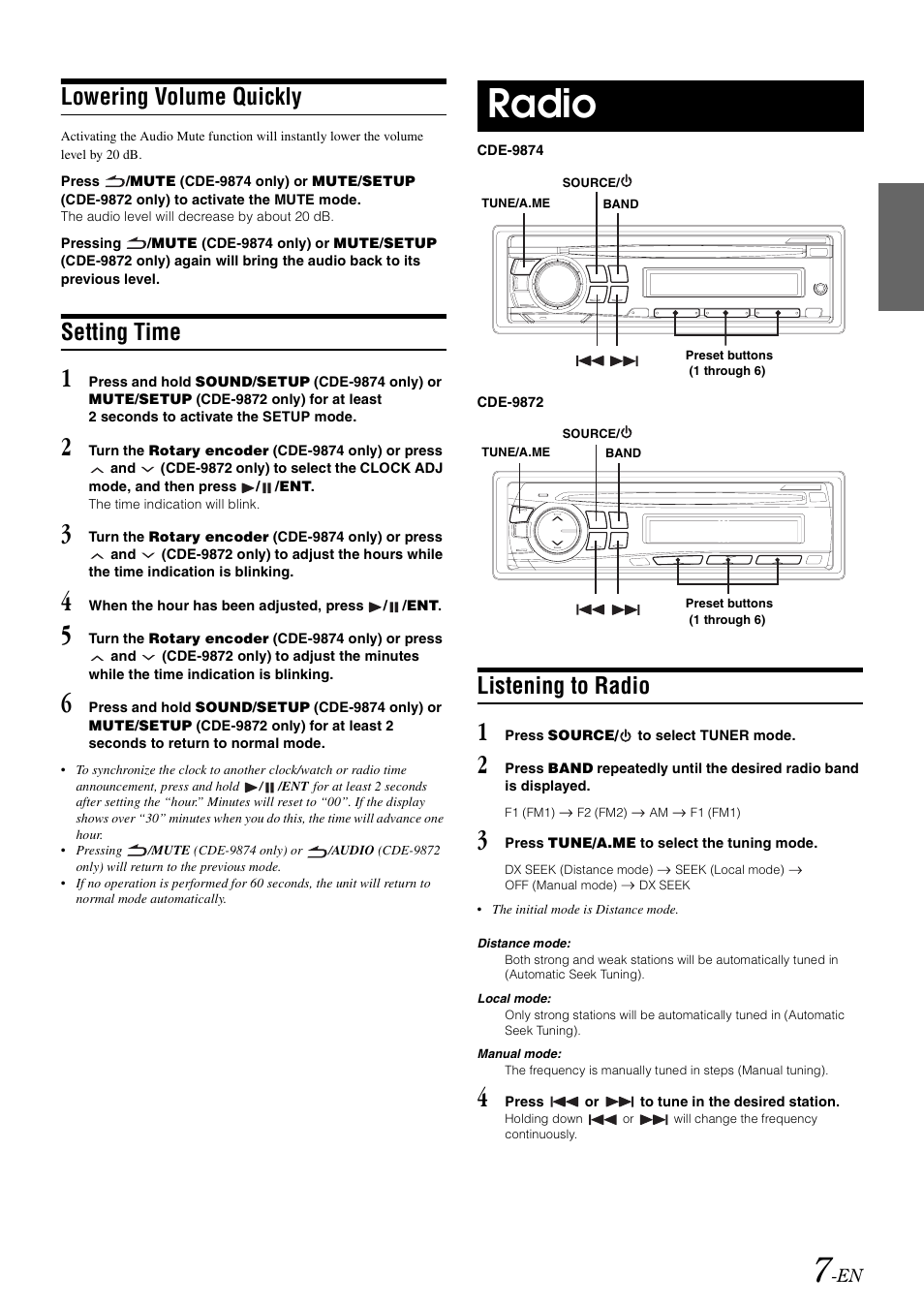 Lowering volume quickly, Setting time, Radio | Listening to radio | Alpine CDE-9872 User Manual | Page 9 / 89