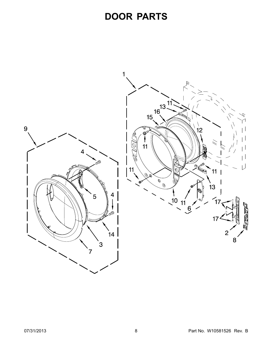 Door, Door parts | Whirlpool WEL98HEBU User Manual | Page 8 / 10