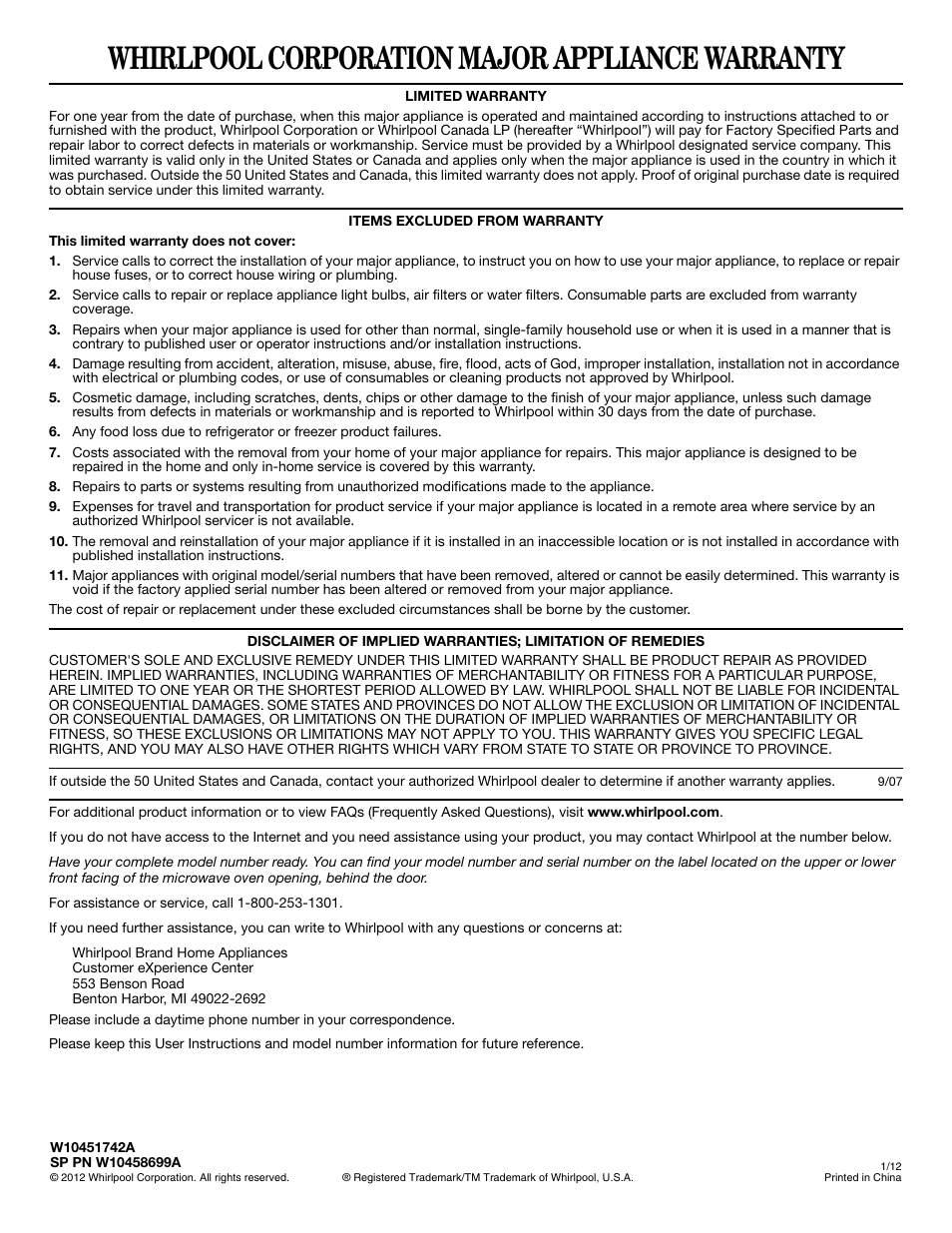 Whirlpool WMH32519CS User Manual | 1 page
