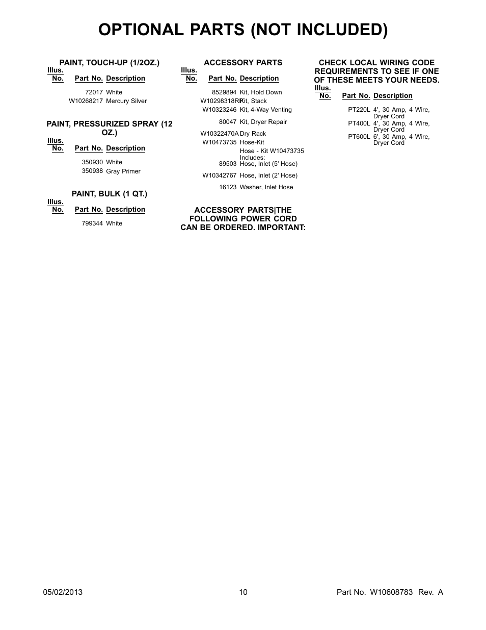 Optional, Optional parts (not included) | Whirlpool WED88HEAC User Manual | Page 10 / 10