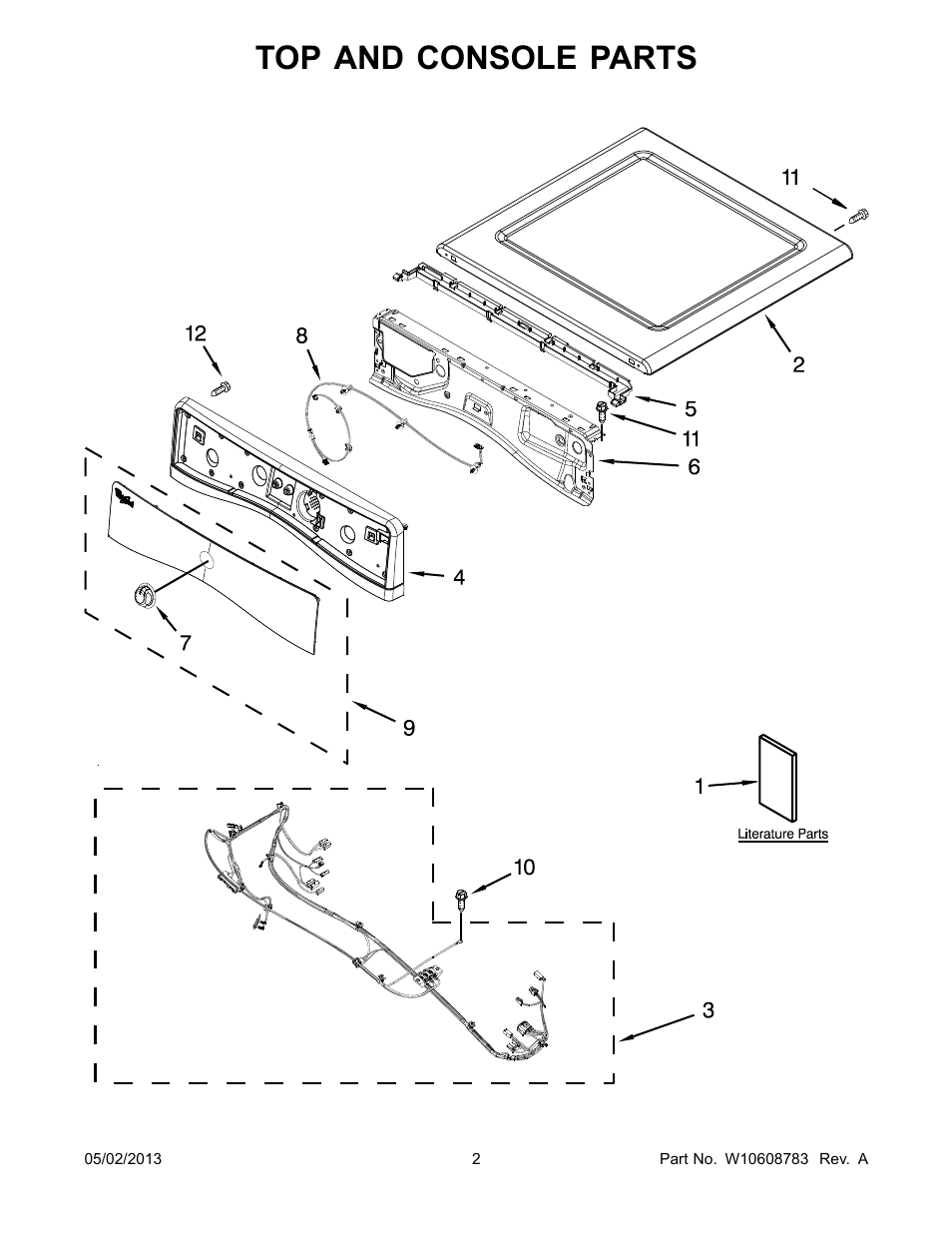 Top and console, Top and console parts | Whirlpool WED88HEAC User Manual | Page 2 / 10