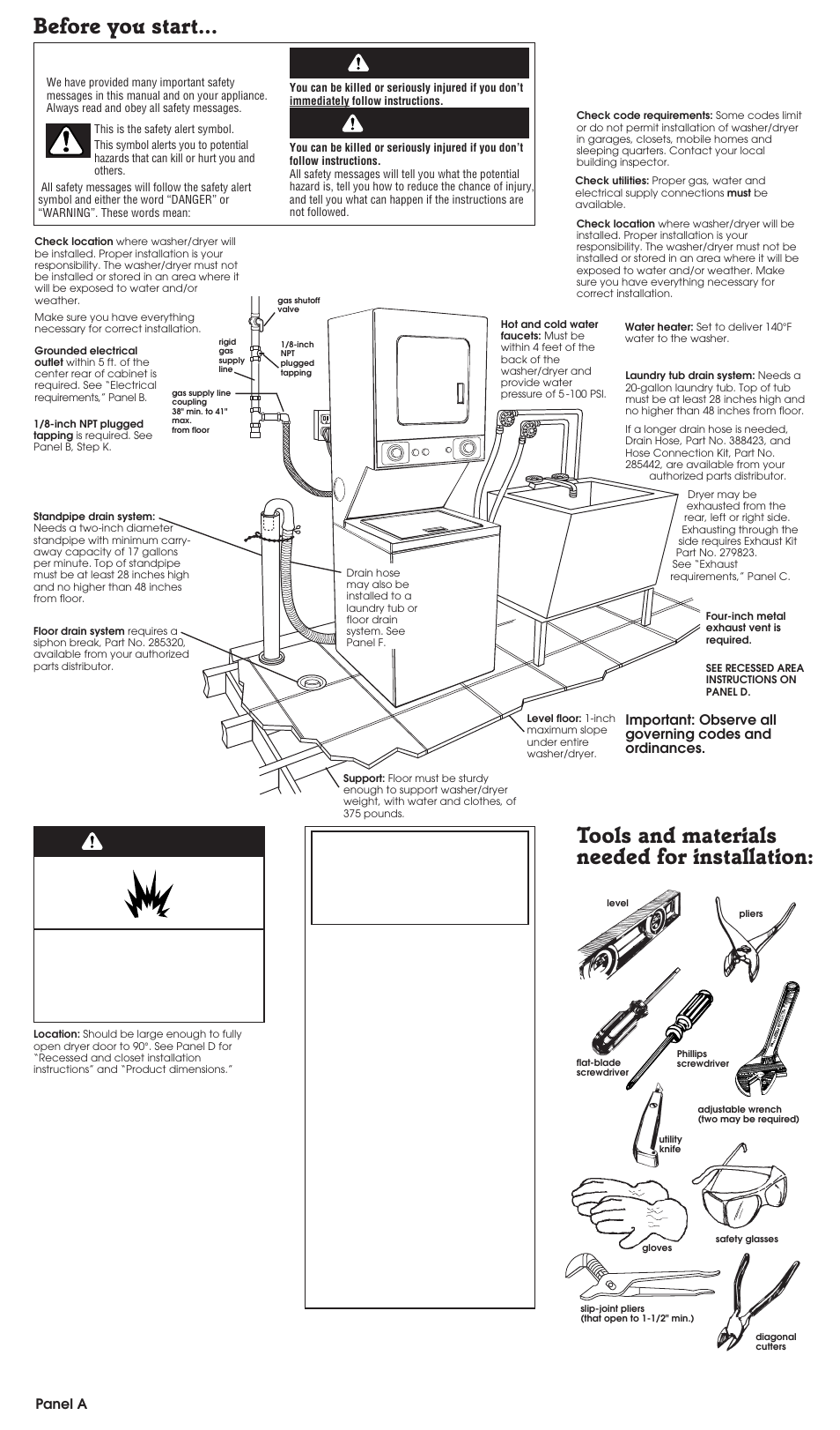 Before you start, Tools and materials needed for installation, Warning | Danger | Whirlpool LTG5243DQ User Manual | Page 2 / 9