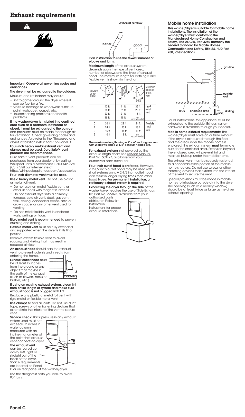 Exhaust requirements, Warning, Panel c | Mobile home installation | Whirlpool LTG5243DQ User Manual | Page 4 / 9