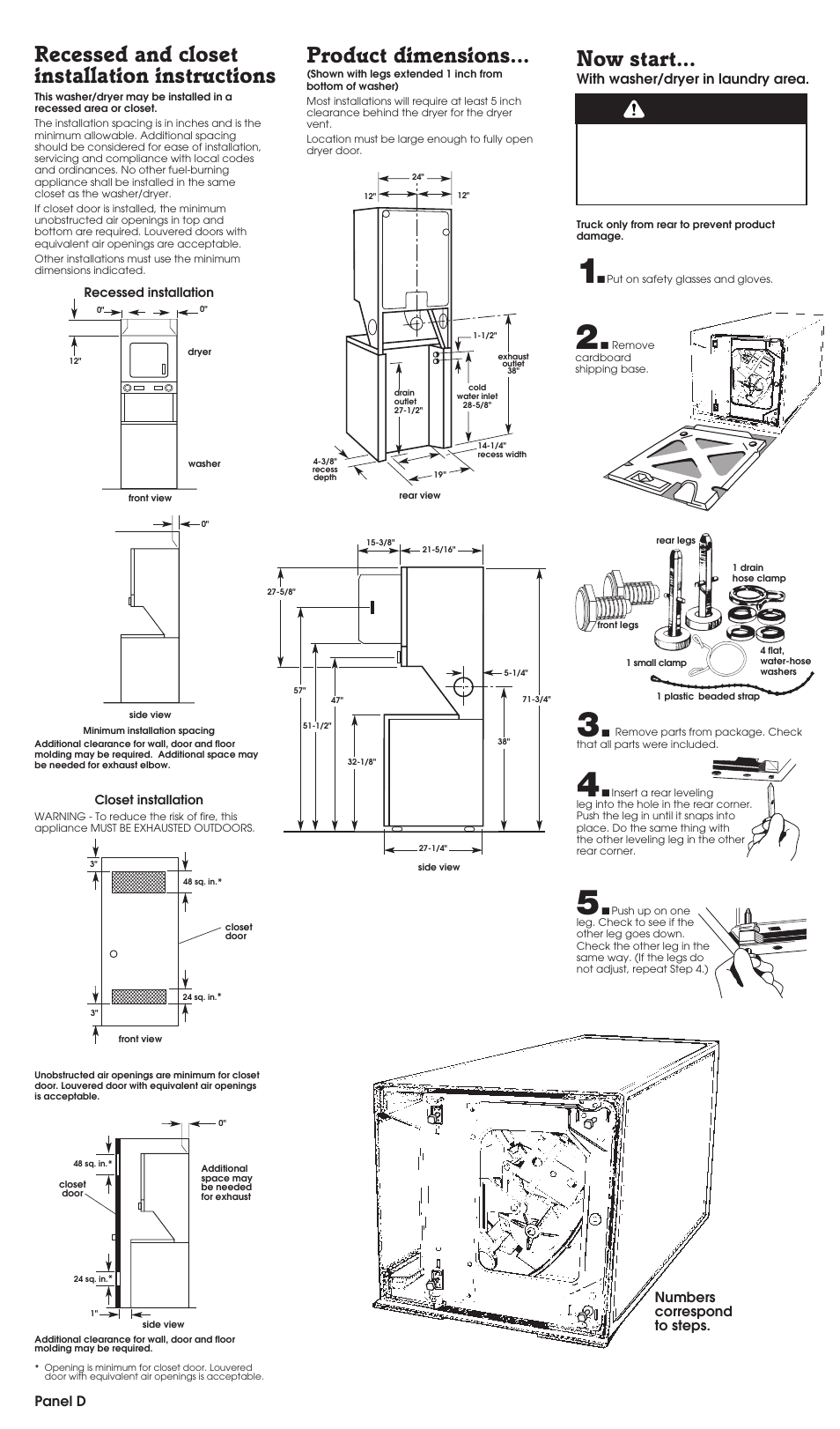 Recessed and closet installation instructions, Product dimensions, Installation steps | Warning, Now start | Whirlpool LTG5243DQ User Manual | Page 5 / 9