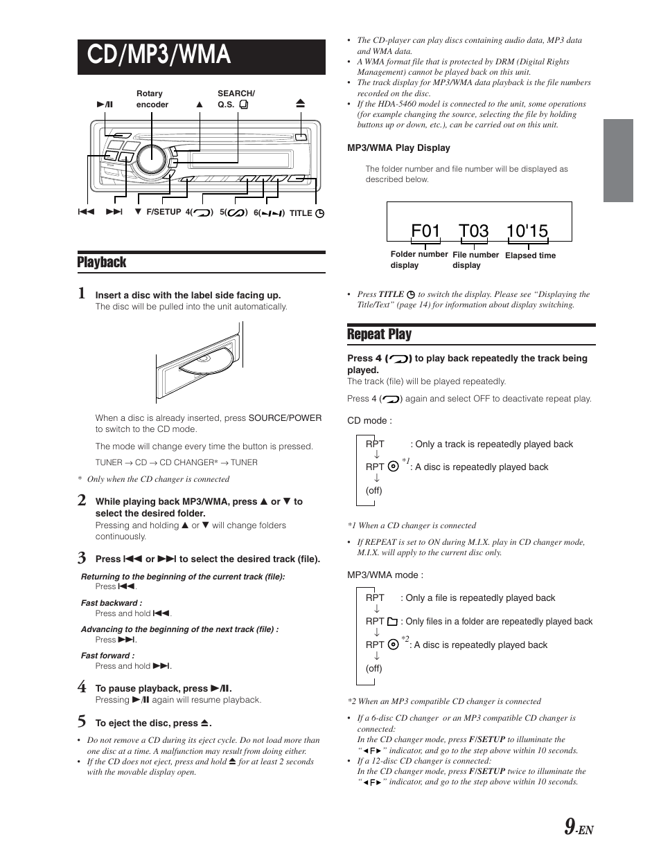 Cd / mp3 / wma operation, Loading a disc, Playback | Repeat, Cd/mp3/wma, Repeat play | Alpine CDA-9847 User Manual | Page 10 / 34