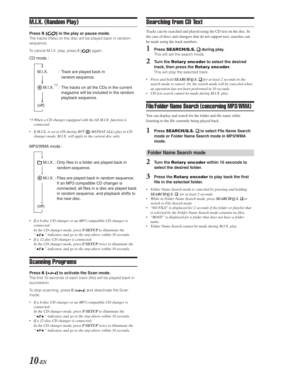 Random, Scanning, Searching cd-text | File / folder name search, M.i.x. (random play), Scanning programs, Searching from cd text, File/folder name search (concerning mp3/wma) | Alpine CDA-9847 User Manual | Page 11 / 34