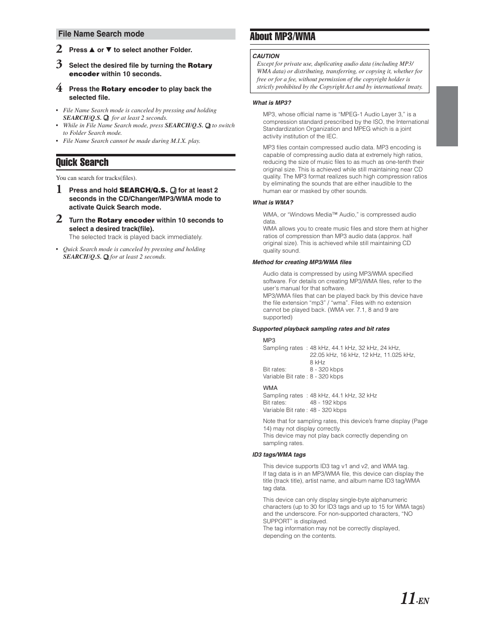 Quick search, Mp3 / wma format info, About mp3/wma | Alpine CDA-9847 User Manual | Page 12 / 34