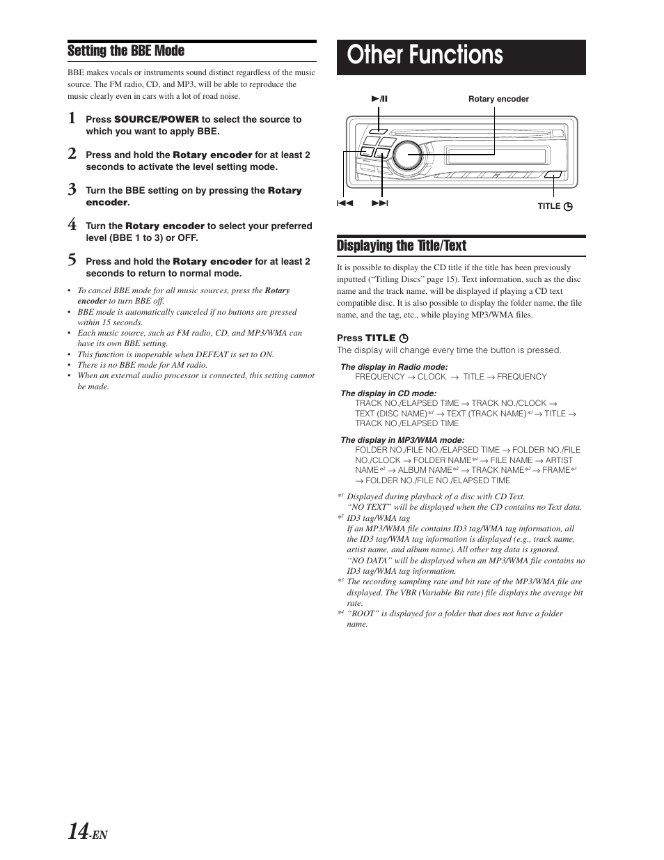 Bbe mode, Displaying title / text, Other functions | Displaying the title/text, Setting the bbe mode | Alpine CDA-9847 User Manual | Page 15 / 34