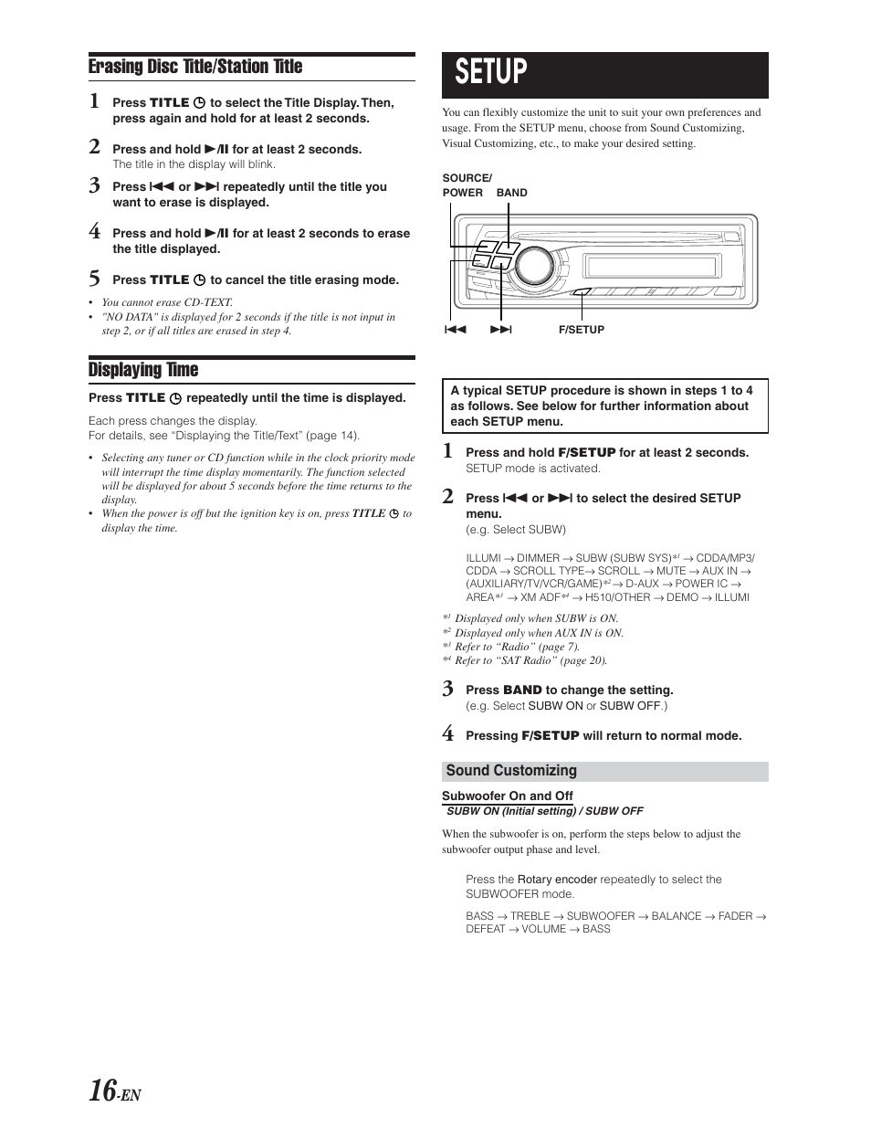 Erasing titles, Displaying time, Setup menu | Using setup menu, Subwoofer on / off, Setup, Erasing disc title/station title | Alpine CDA-9847 User Manual | Page 17 / 34