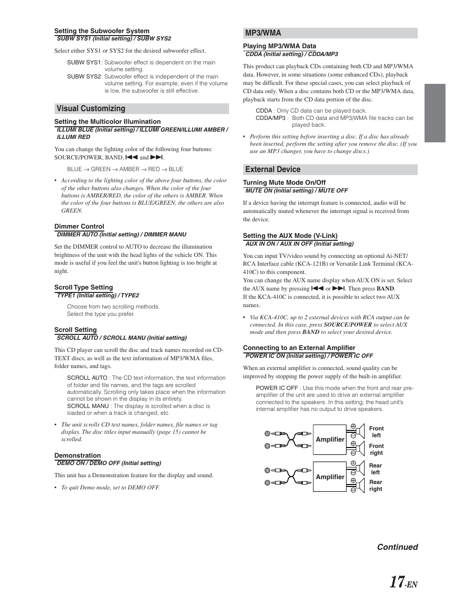 Demo mode - menu setting, Subwoofer system type, Illumination color | Dimmer, Scroll type, Scroll setting, Demo, Mp3 / cdda playback mode, Tel mute, Aux in mode | Alpine CDA-9847 User Manual | Page 18 / 34