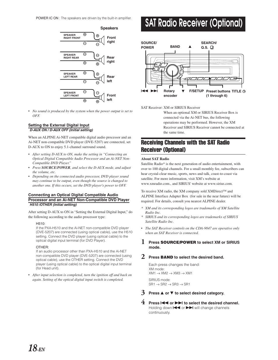 External digital input settings, Satellite radio operation, Sat radio receiver (optional) | Alpine CDA-9847 User Manual | Page 19 / 34