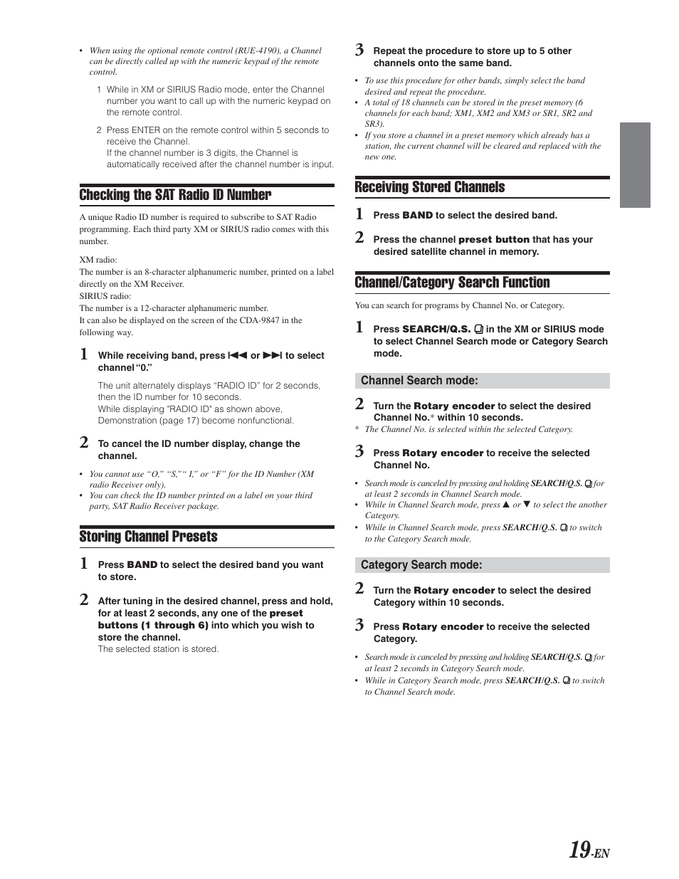 Checking the sat radio id number, Storing channel presets, Receiving stored channels | Channel/category search function | Alpine CDA-9847 User Manual | Page 20 / 34